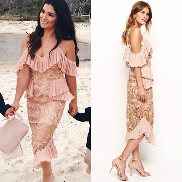 ALICE MCCALL 70s Off Shoulder Ruffle Metallic Paisley Embroidered Midi Dress 6 - Picture 6 of 16